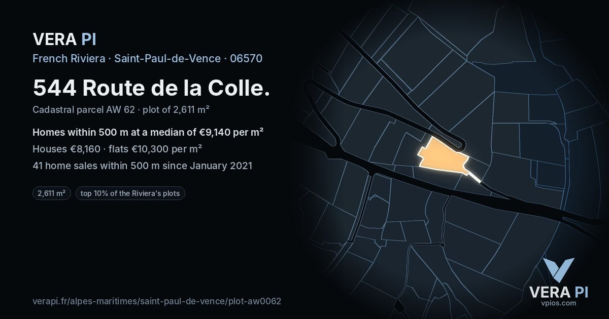544 Route de la Colle, Saint-Paul-de-Vence at night – the plot lit, the parcels around coloured by the prices near them