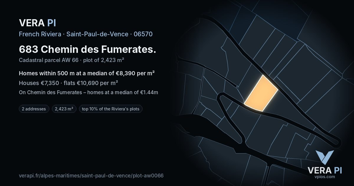 683 Chemin des Fumerates, Saint-Paul-de-Vence at night – the plot lit, the parcels around coloured by the prices near them