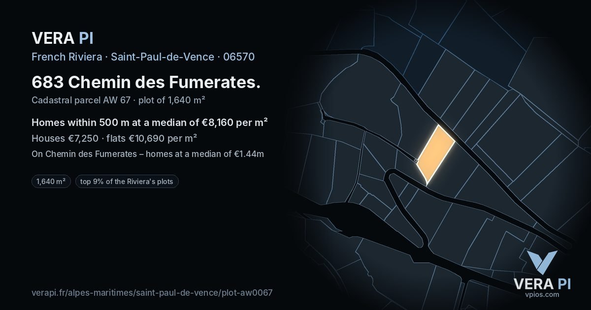 683 Chemin des Fumerates, Saint-Paul-de-Vence at night – the plot lit, the parcels around coloured by the prices near them