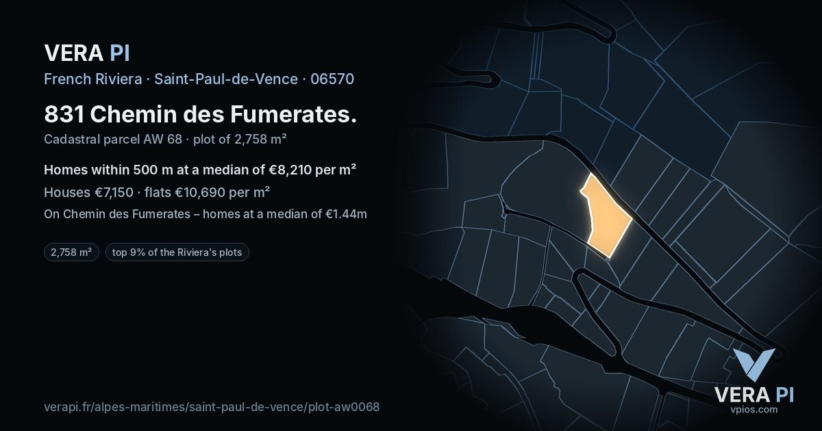 831 Chemin des Fumerates, Saint-Paul-de-Vence at night – the plot lit, the parcels around coloured by the prices near them