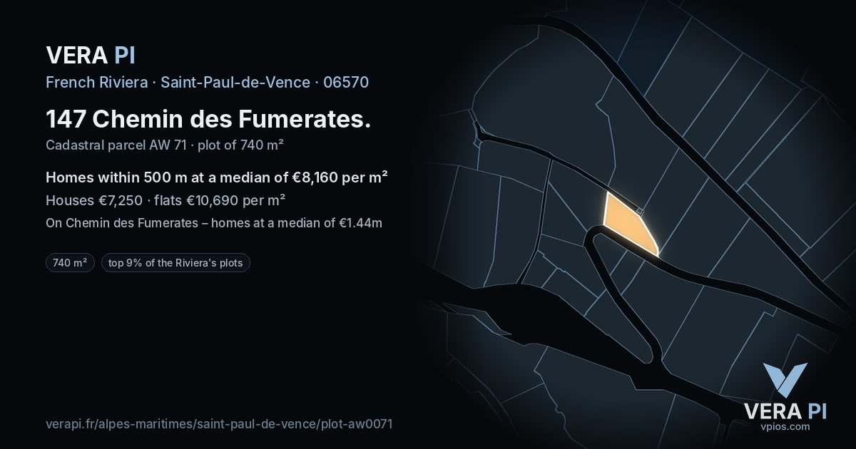 147 Chemin des Fumerates, Saint-Paul-de-Vence at night – the plot lit, the parcels around coloured by the prices near them