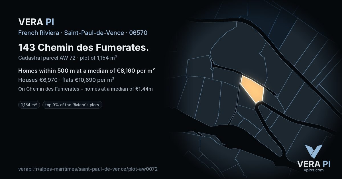 143 Chemin des Fumerates, Saint-Paul-de-Vence at night – the plot lit, the parcels around coloured by the prices near them