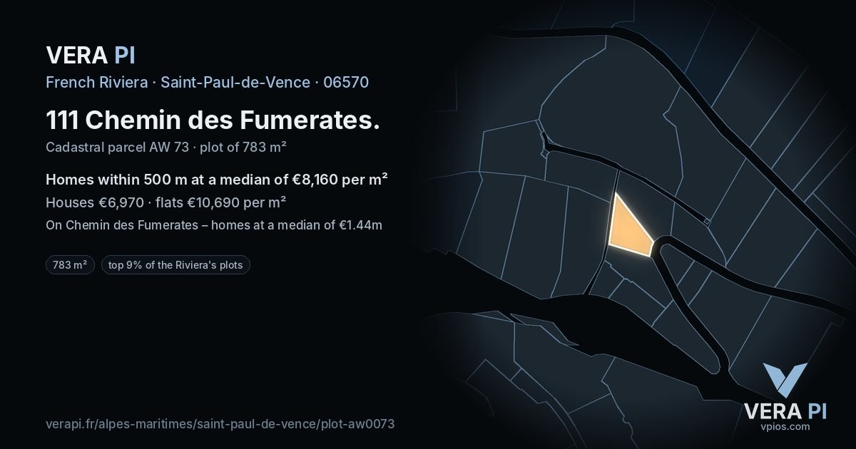 111 Chemin des Fumerates, Saint-Paul-de-Vence at night – the plot lit, the parcels around coloured by the prices near them