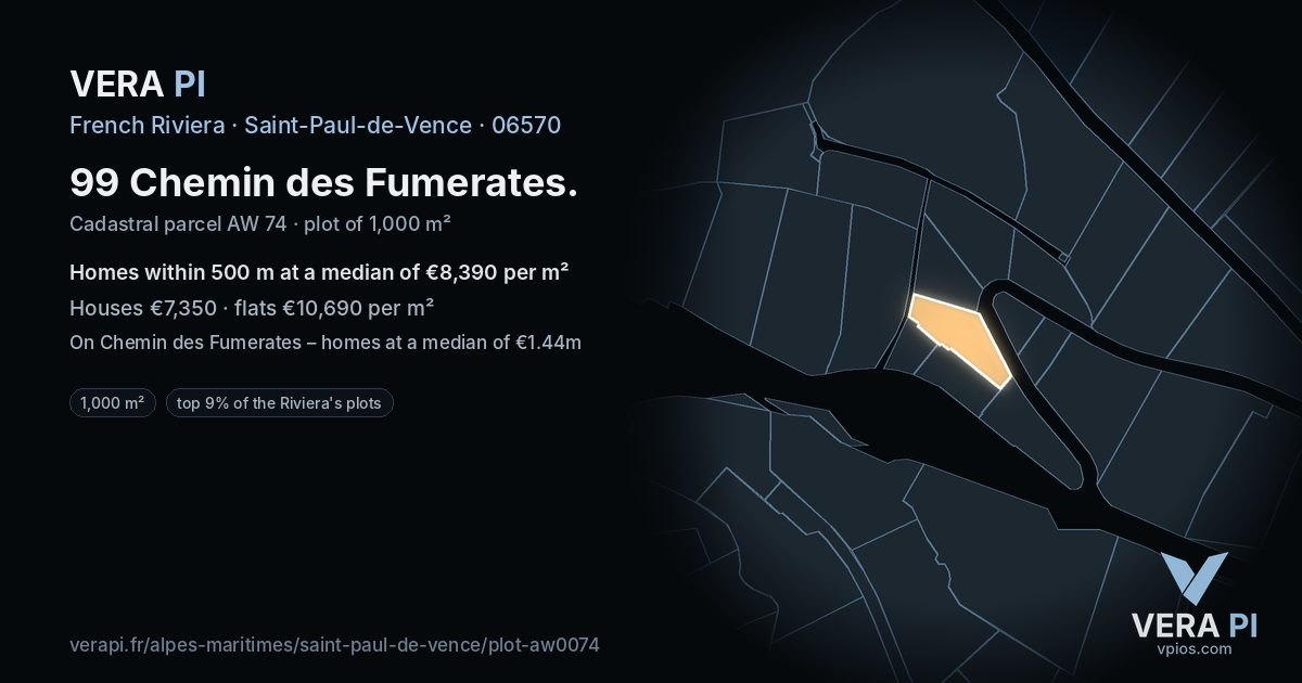 99 Chemin des Fumerates, Saint-Paul-de-Vence at night – the plot lit, the parcels around coloured by the prices near them