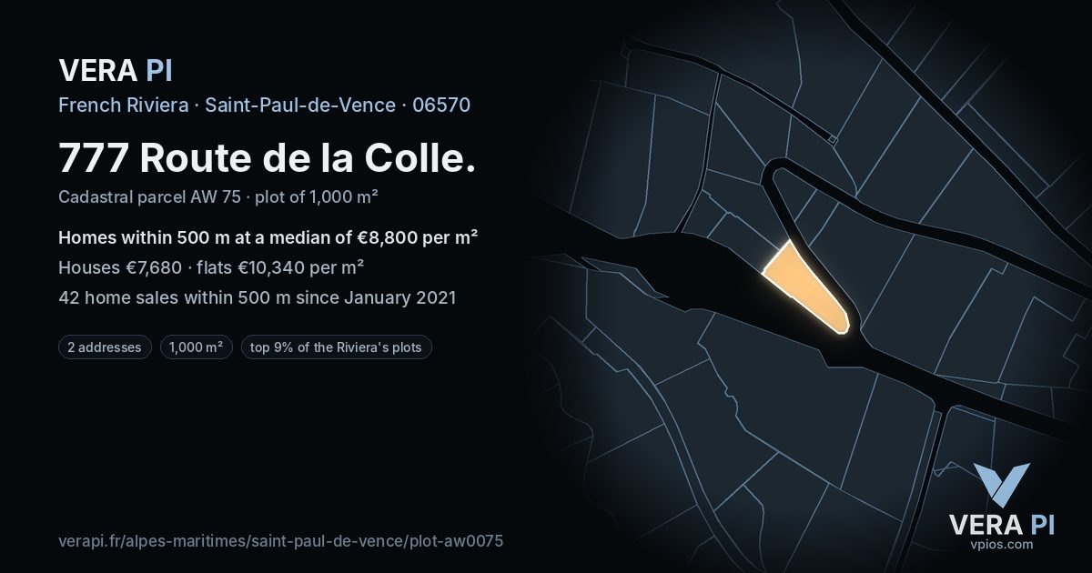 777 Route de la Colle, Saint-Paul-de-Vence at night – the plot lit, the parcels around coloured by the prices near them