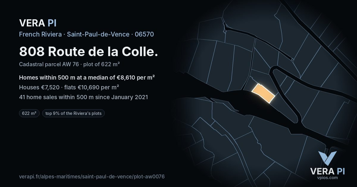 808 Route de la Colle, Saint-Paul-de-Vence at night – the plot lit, the parcels around coloured by the prices near them
