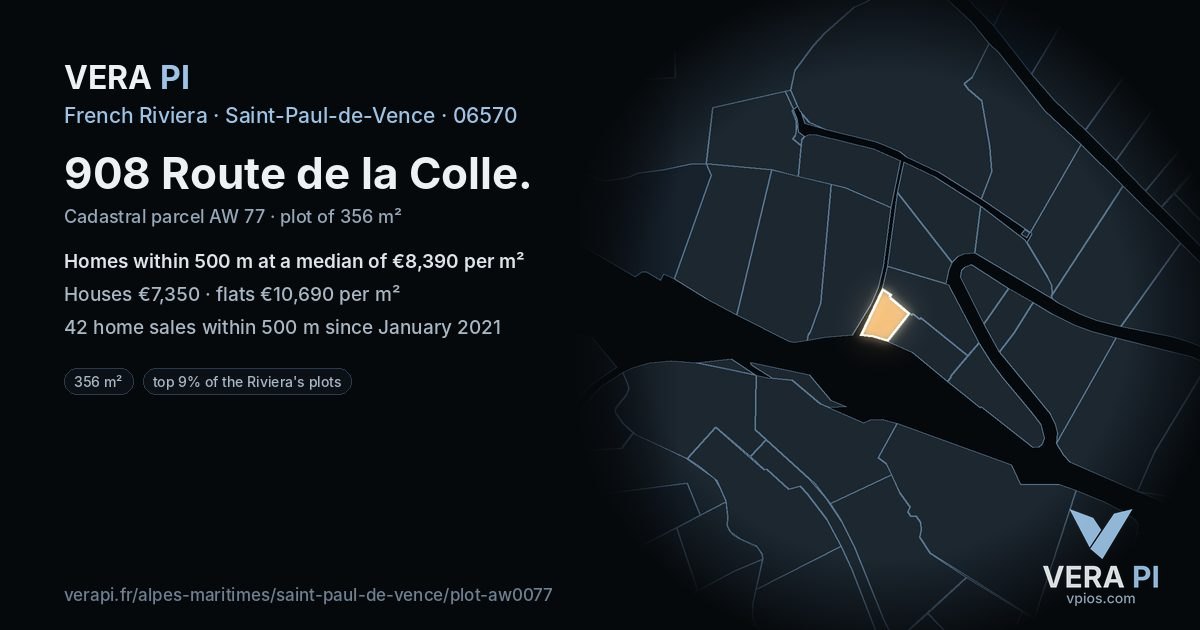 908 Route de la Colle, Saint-Paul-de-Vence at night – the plot lit, the parcels around coloured by the prices near them