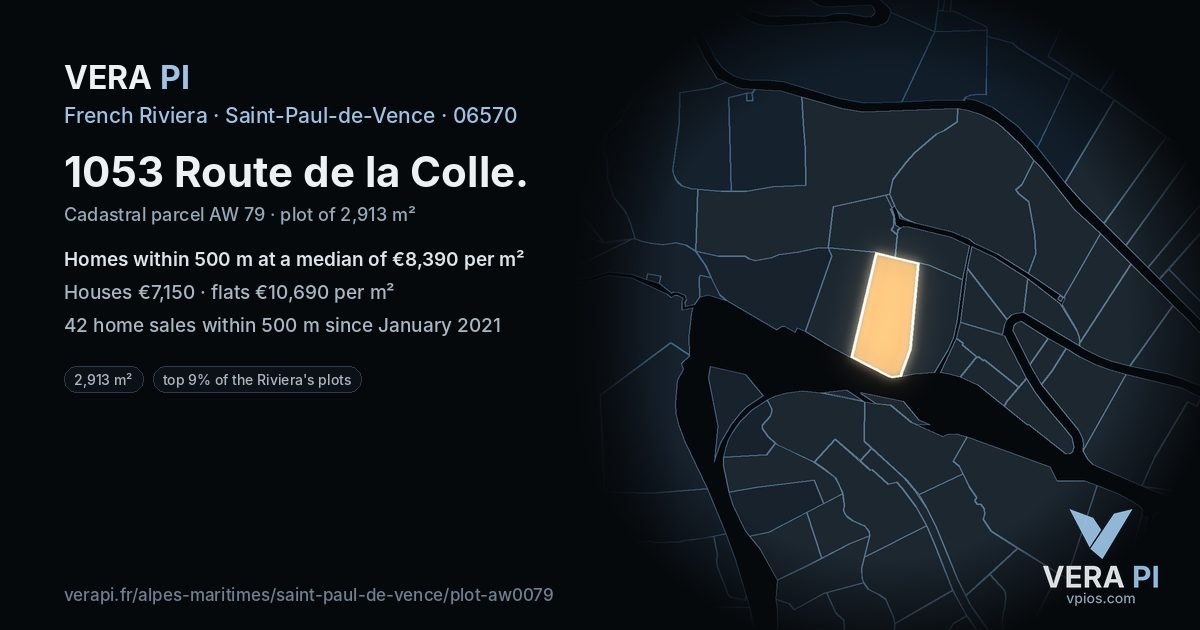 1053 Route de la Colle, Saint-Paul-de-Vence at night – the plot lit, the parcels around coloured by the prices near them