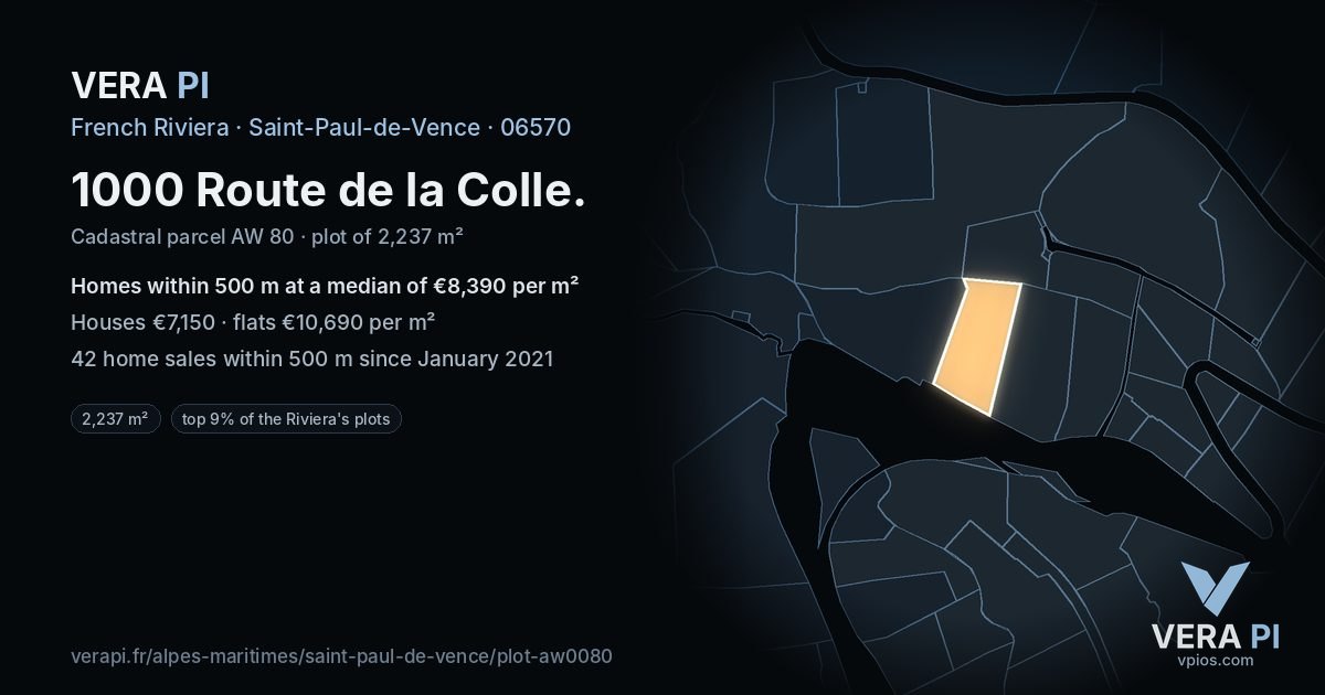 1000 Route de la Colle, Saint-Paul-de-Vence at night – the plot lit, the parcels around coloured by the prices near them
