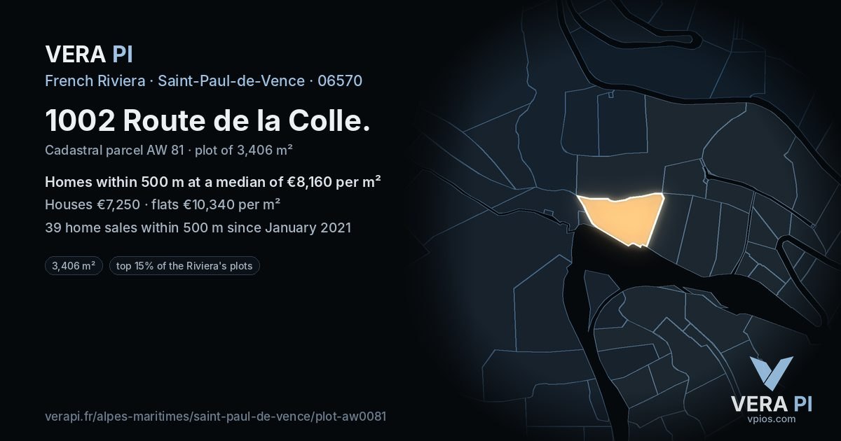1002 Route de la Colle, Saint-Paul-de-Vence at night – the plot lit, the parcels around coloured by the prices near them