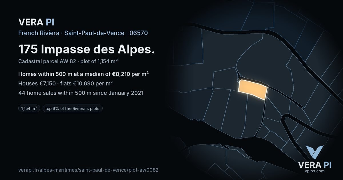 175 Impasse des Alpes, Saint-Paul-de-Vence at night – the plot lit, the parcels around coloured by the prices near them