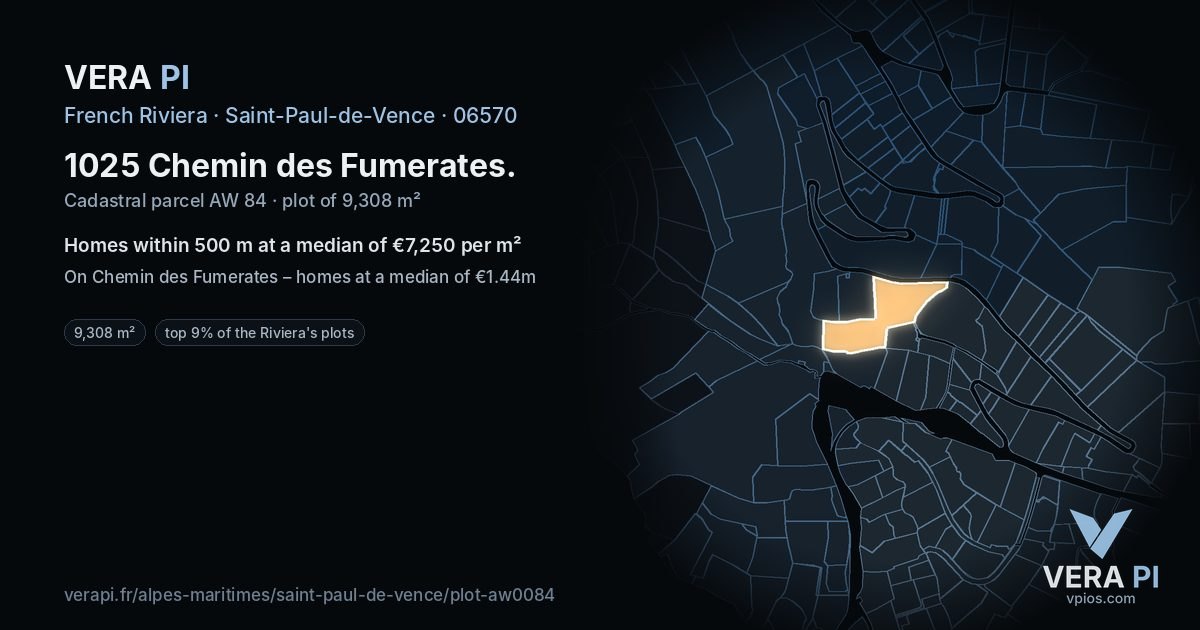 1025 Chemin des Fumerates, Saint-Paul-de-Vence at night – the plot lit, the parcels around coloured by the prices near them
