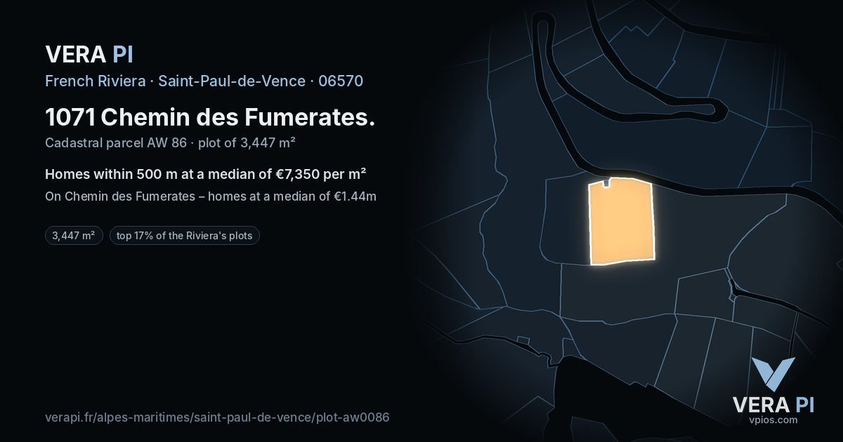 1071 Chemin des Fumerates, Saint-Paul-de-Vence at night – the plot lit, the parcels around coloured by the prices near them