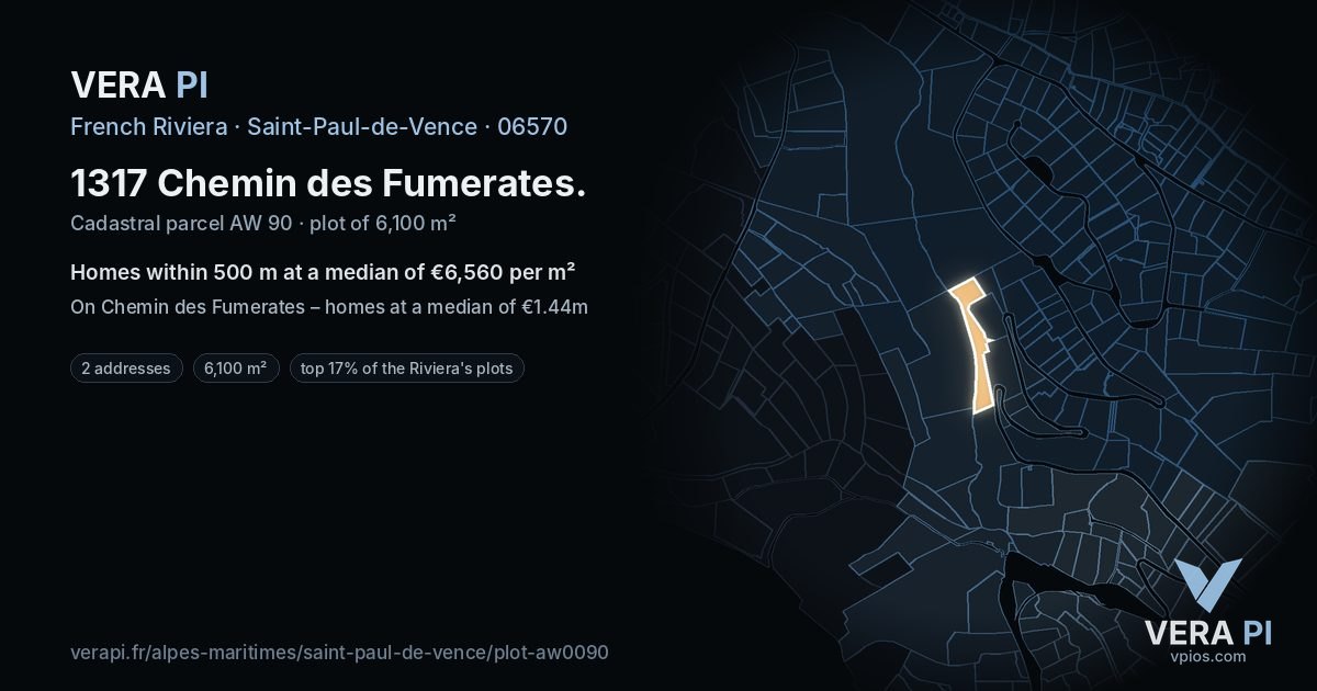 1317 Chemin des Fumerates, Saint-Paul-de-Vence at night – the plot lit, the parcels around coloured by the prices near them