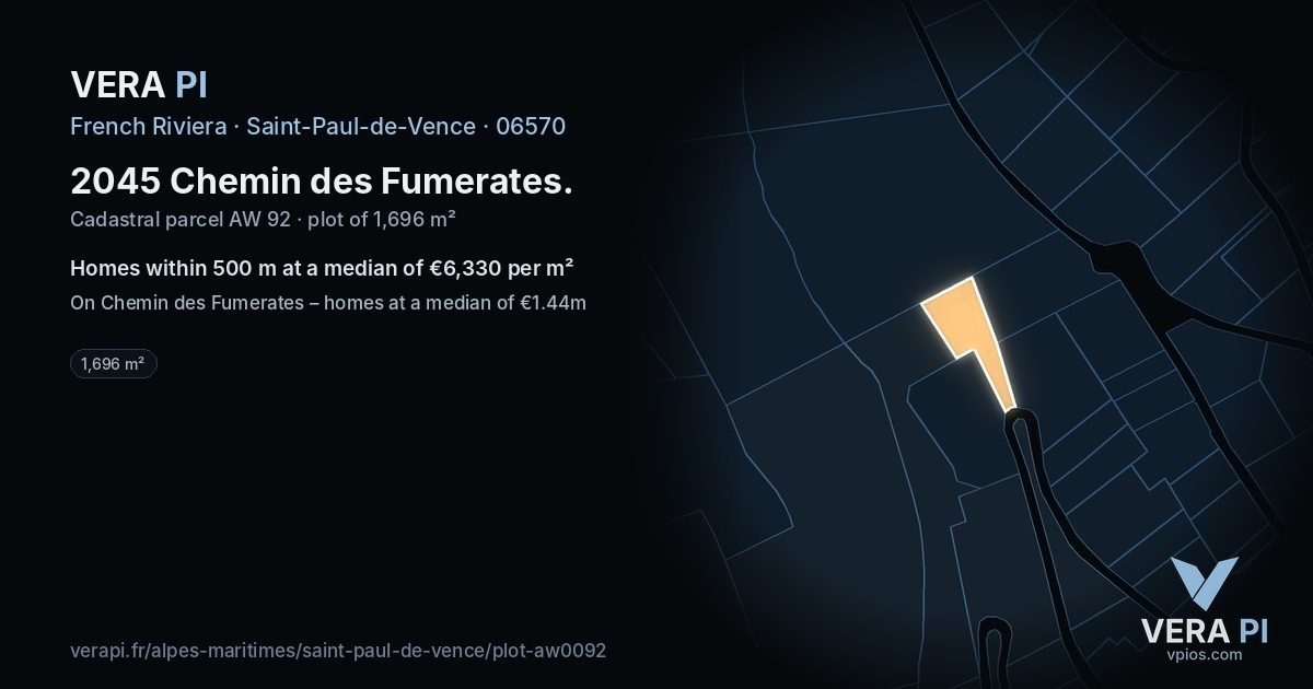 2045 Chemin des Fumerates, Saint-Paul-de-Vence at night – the plot lit, the parcels around coloured by the prices near them