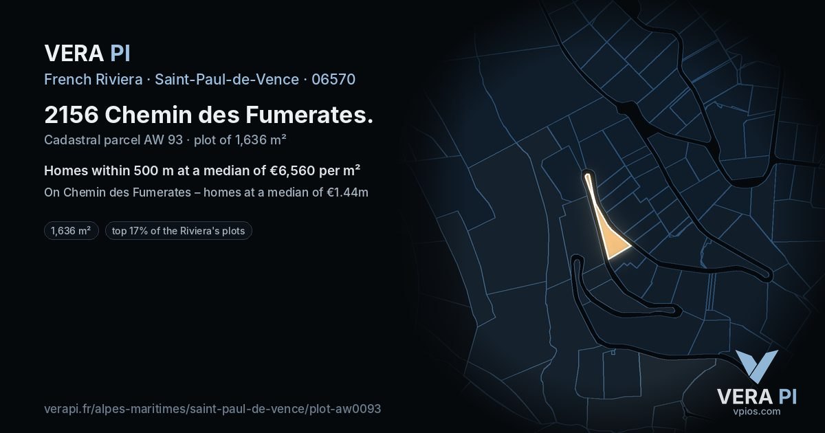 2156 Chemin des Fumerates, Saint-Paul-de-Vence at night – the plot lit, the parcels around coloured by the prices near them