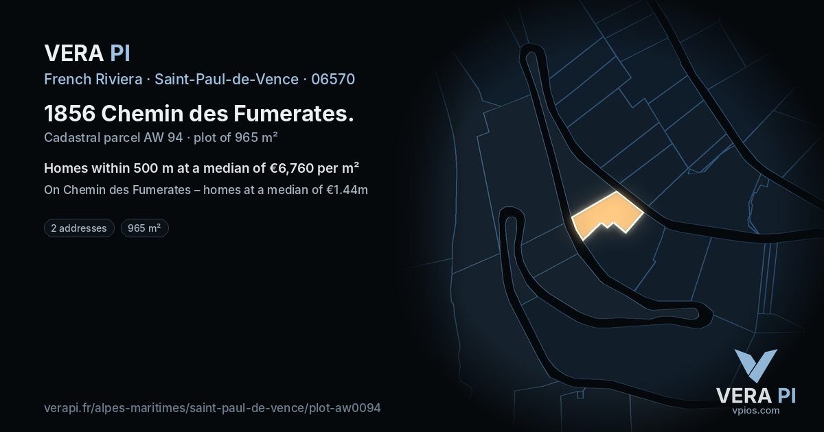 1856 Chemin des Fumerates, Saint-Paul-de-Vence at night – the plot lit, the parcels around coloured by the prices near them