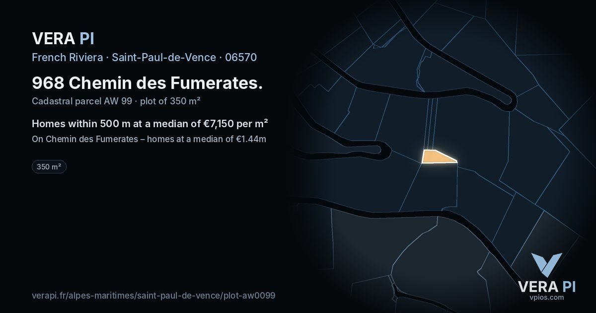 968 Chemin des Fumerates, Saint-Paul-de-Vence at night – the plot lit, the parcels around coloured by the prices near them