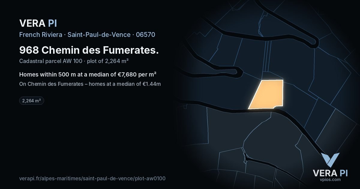 968 Chemin des Fumerates, Saint-Paul-de-Vence at night – the plot lit, the parcels around coloured by the prices near them