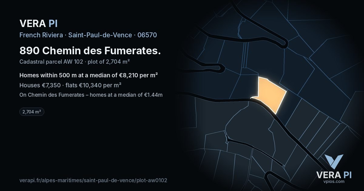 890 Chemin des Fumerates, Saint-Paul-de-Vence at night – the plot lit, the parcels around coloured by the prices near them