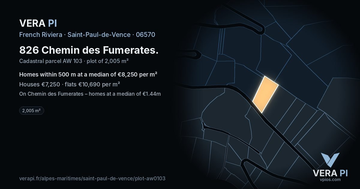 826 Chemin des Fumerates, Saint-Paul-de-Vence at night – the plot lit, the parcels around coloured by the prices near them