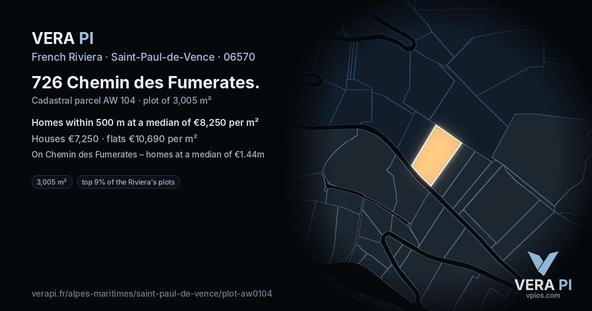 726 Chemin des Fumerates, Saint-Paul-de-Vence at night – the plot lit, the parcels around coloured by the prices near them