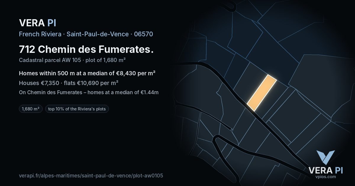 712 Chemin des Fumerates, Saint-Paul-de-Vence at night – the plot lit, the parcels around coloured by the prices near them