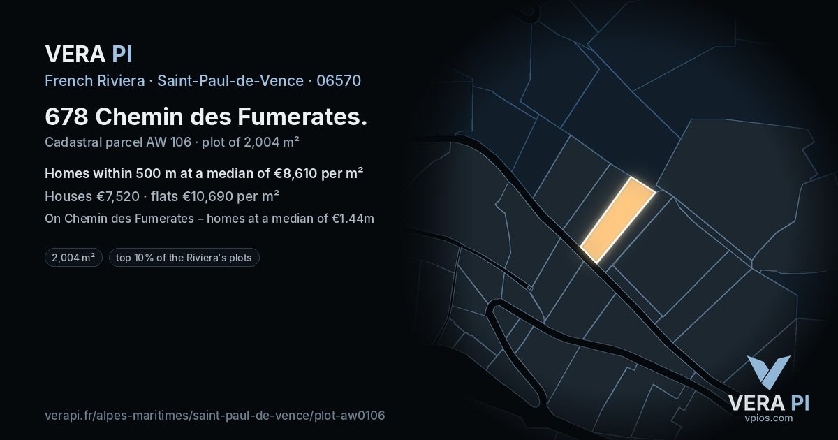 678 Chemin des Fumerates, Saint-Paul-de-Vence at night – the plot lit, the parcels around coloured by the prices near them