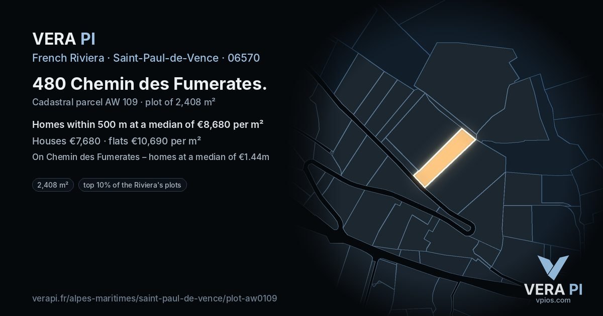 480 Chemin des Fumerates, Saint-Paul-de-Vence at night – the plot lit, the parcels around coloured by the prices near them