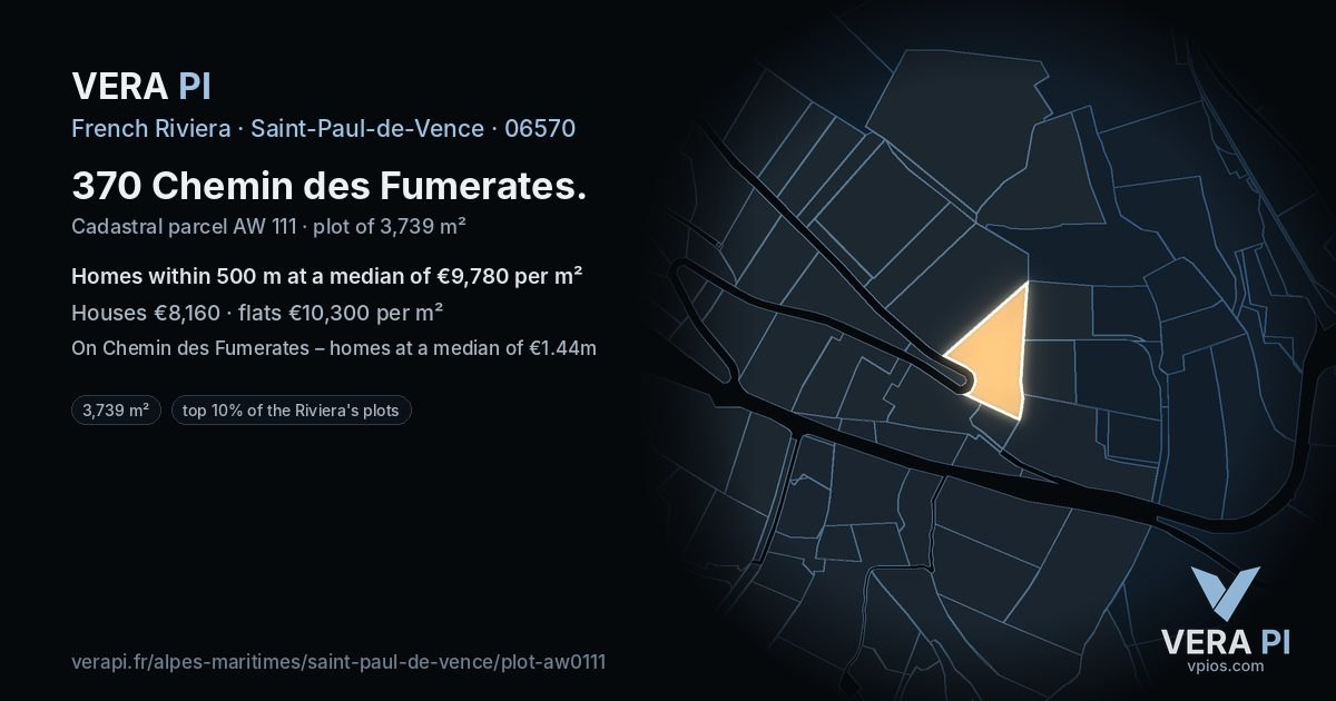 370 Chemin des Fumerates, Saint-Paul-de-Vence at night – the plot lit, the parcels around coloured by the prices near them
