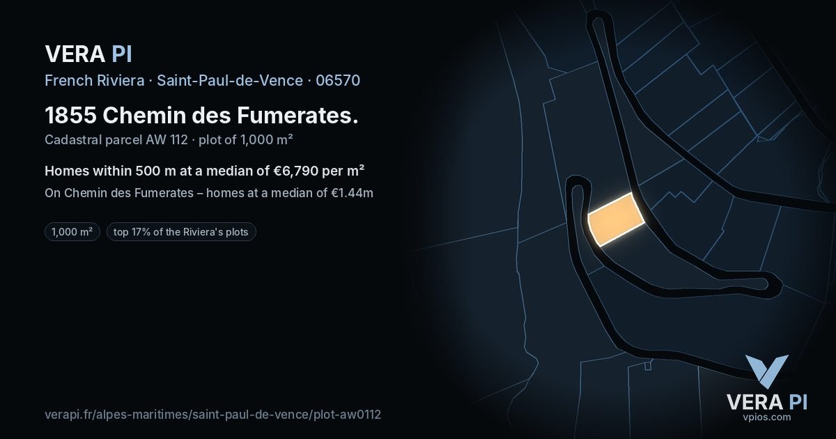 1855 Chemin des Fumerates, Saint-Paul-de-Vence at night – the plot lit, the parcels around coloured by the prices near them