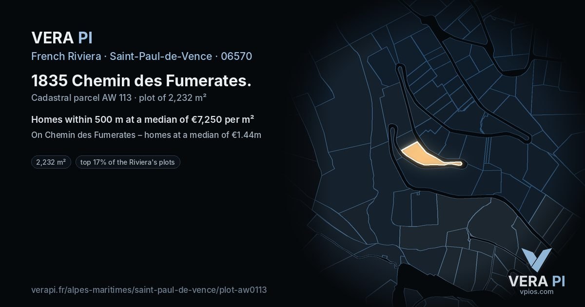 1835 Chemin des Fumerates, Saint-Paul-de-Vence at night – the plot lit, the parcels around coloured by the prices near them
