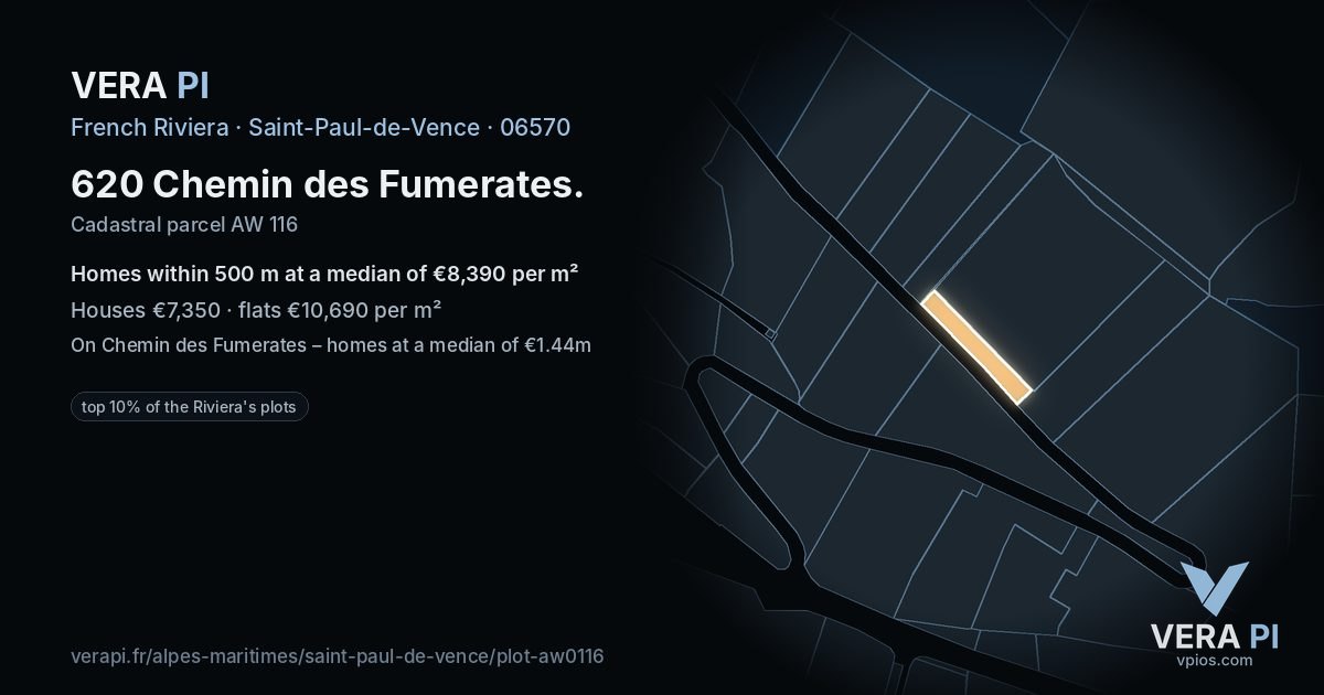 620 Chemin des Fumerates, Saint-Paul-de-Vence at night – the plot lit, the parcels around coloured by the prices near them
