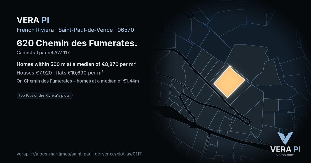 620 Chemin des Fumerates, Saint-Paul-de-Vence at night – the plot lit, the parcels around coloured by the prices near them