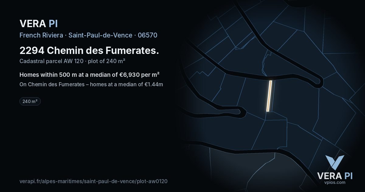 2294 Chemin des Fumerates, Saint-Paul-de-Vence at night – the plot lit, the parcels around coloured by the prices near them