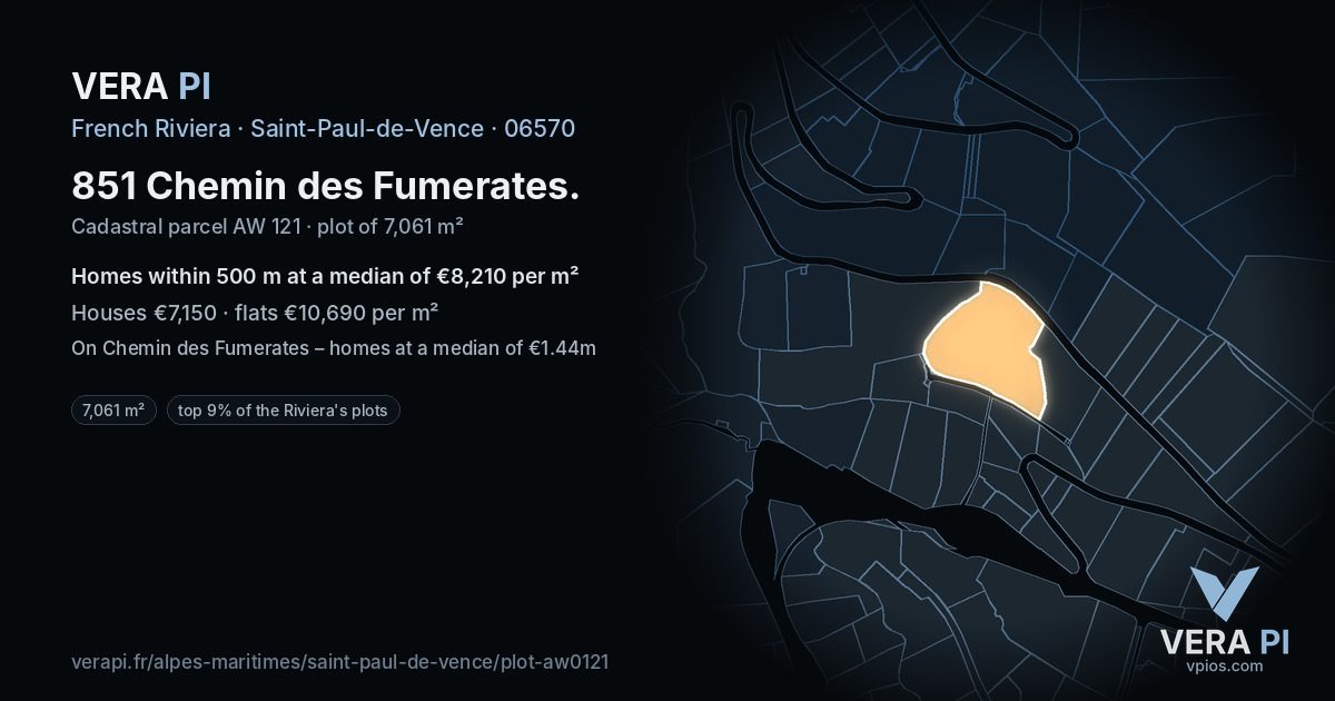 851 Chemin des Fumerates, Saint-Paul-de-Vence at night – the plot lit, the parcels around coloured by the prices near them