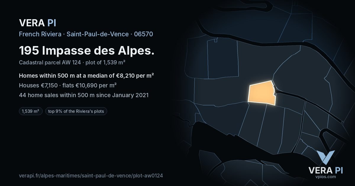 195 Impasse des Alpes, Saint-Paul-de-Vence at night – the plot lit, the parcels around coloured by the prices near them