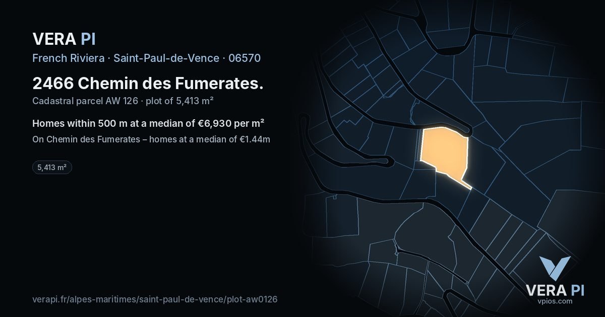 2466 Chemin des Fumerates, Saint-Paul-de-Vence at night – the plot lit, the parcels around coloured by the prices near them