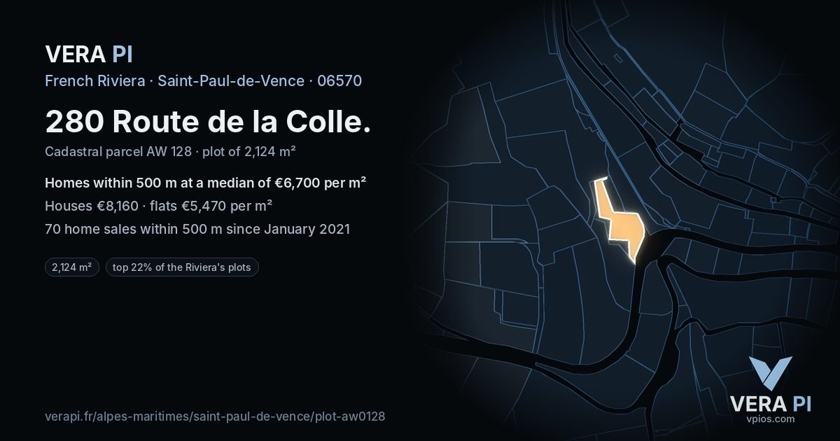 280 Route de la Colle, Saint-Paul-de-Vence at night – the plot lit, the parcels around coloured by the prices near them