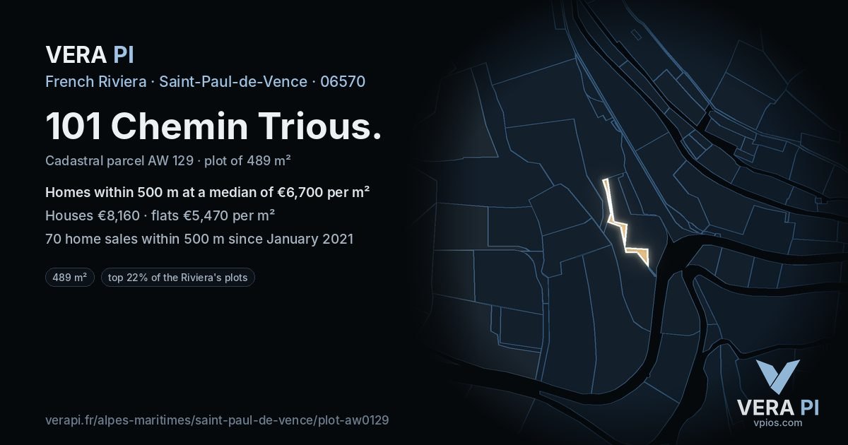 101 Chemin Trious, Saint-Paul-de-Vence at night – the plot lit, the parcels around coloured by the prices near them