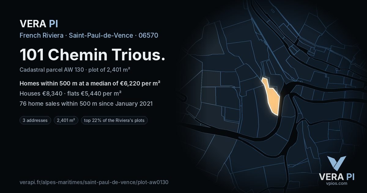 101 Chemin Trious, Saint-Paul-de-Vence at night – the plot lit, the parcels around coloured by the prices near them