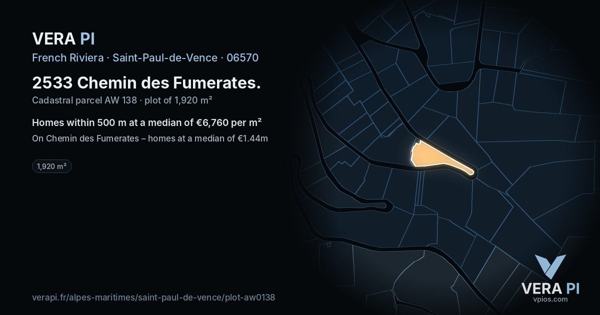 2533 Chemin des Fumerates, Saint-Paul-de-Vence at night – the plot lit, the parcels around coloured by the prices near them