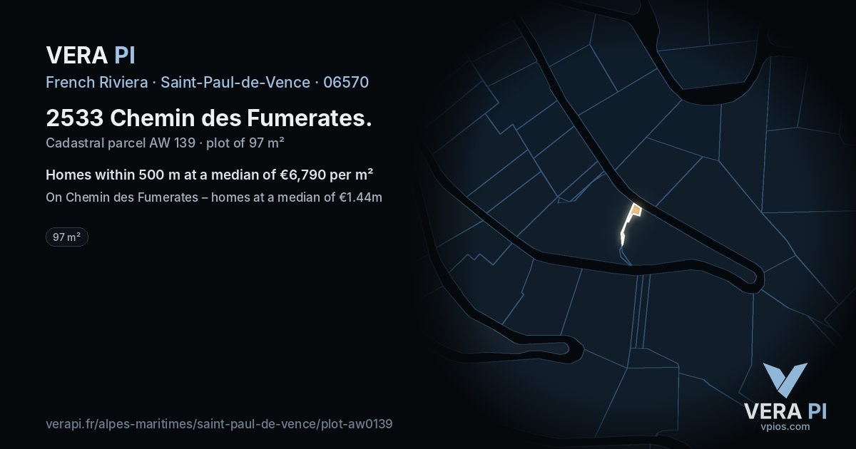 2533 Chemin des Fumerates, Saint-Paul-de-Vence at night – the plot lit, the parcels around coloured by the prices near them