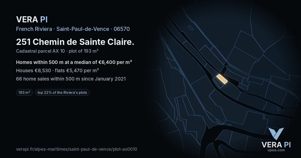 251 Chemin de Sainte Claire, Saint-Paul-de-Vence at night – the plot lit, the parcels around coloured by the prices near them