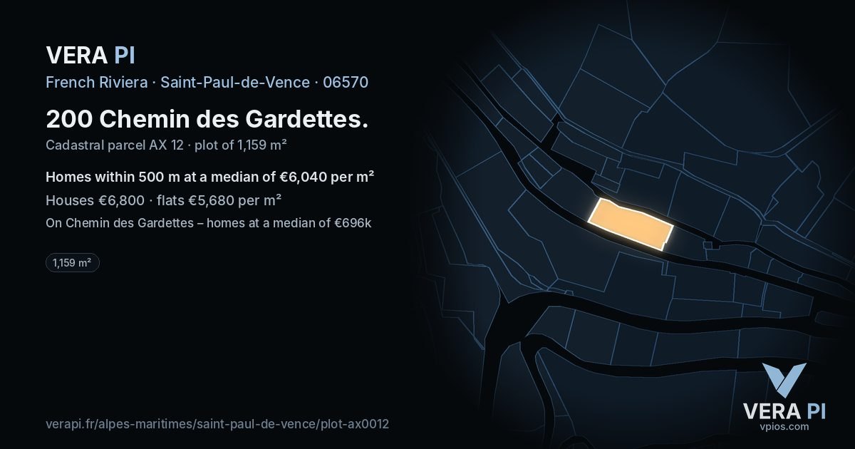 200 Chemin des Gardettes, Saint-Paul-de-Vence at night – the plot lit, the parcels around coloured by the prices near them