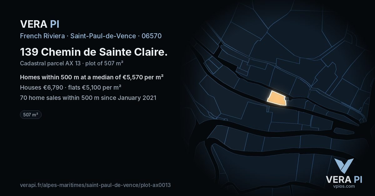 139 Chemin de Sainte Claire, Saint-Paul-de-Vence at night – the plot lit, the parcels around coloured by the prices near them