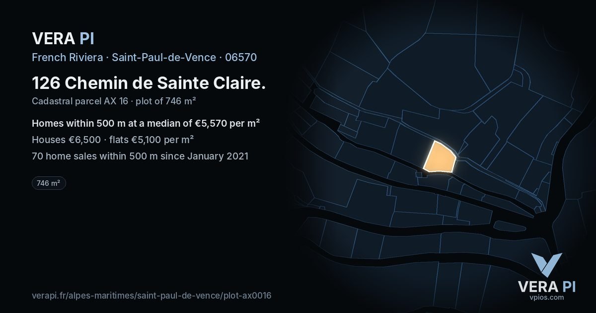 126 Chemin de Sainte Claire, Saint-Paul-de-Vence at night – the plot lit, the parcels around coloured by the prices near them