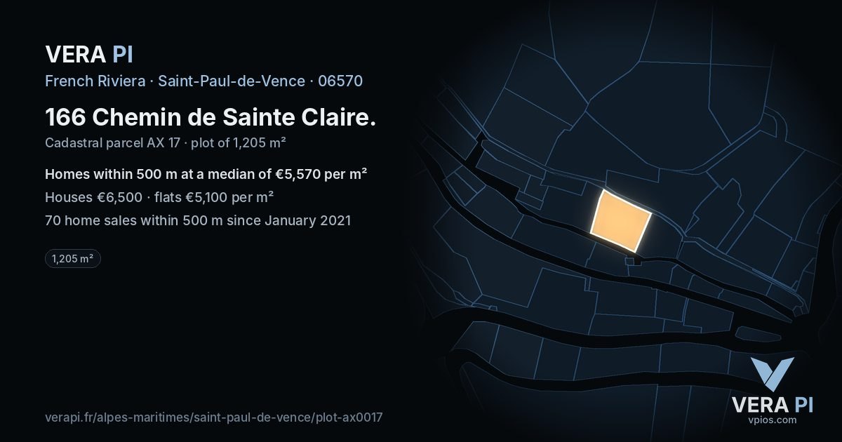 166 Chemin de Sainte Claire, Saint-Paul-de-Vence at night – the plot lit, the parcels around coloured by the prices near them