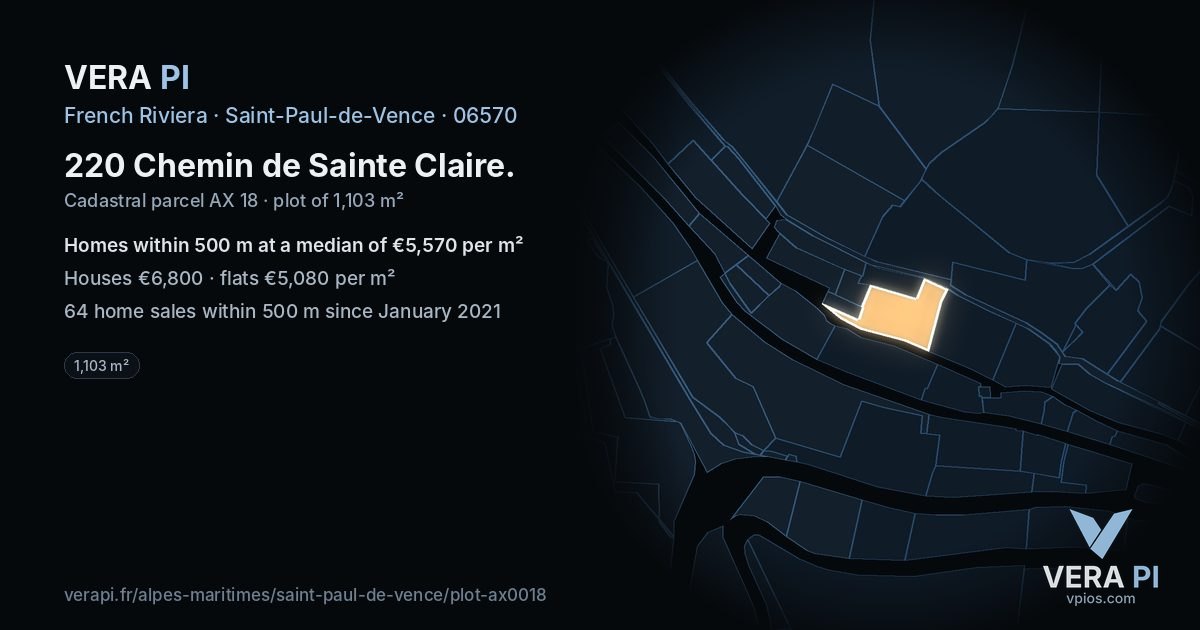 220 Chemin de Sainte Claire, Saint-Paul-de-Vence at night – the plot lit, the parcels around coloured by the prices near them