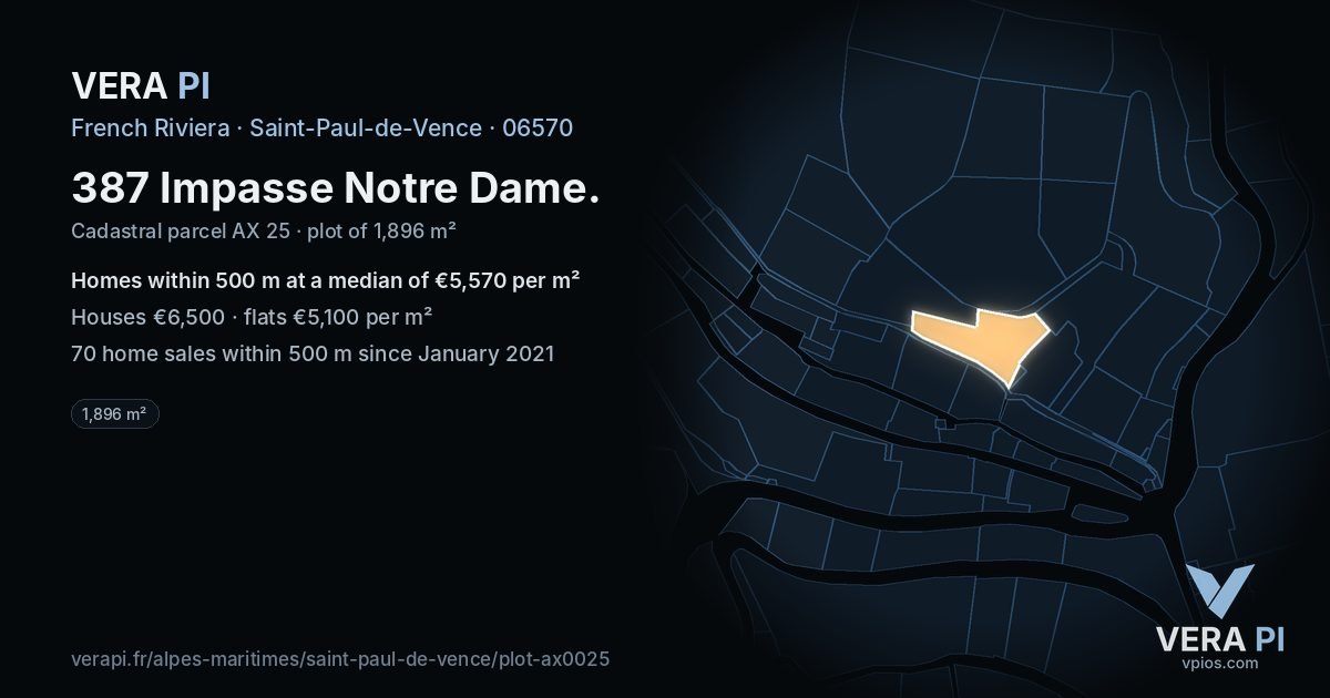 387 Impasse Notre Dame, Saint-Paul-de-Vence at night – the plot lit, the parcels around coloured by the prices near them